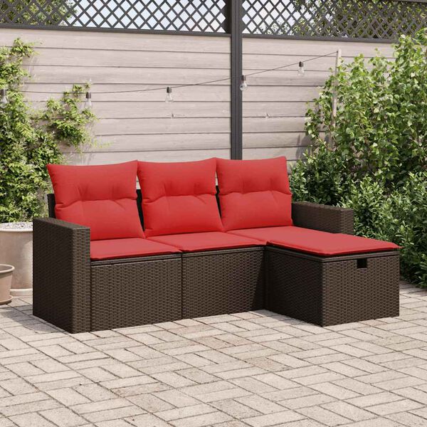 vidaXL 4-delige Loungeset met kussens poly rattan bruin