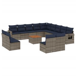 vidaXL 14-delige tuinbankset met kussens, grijs polyrotan
