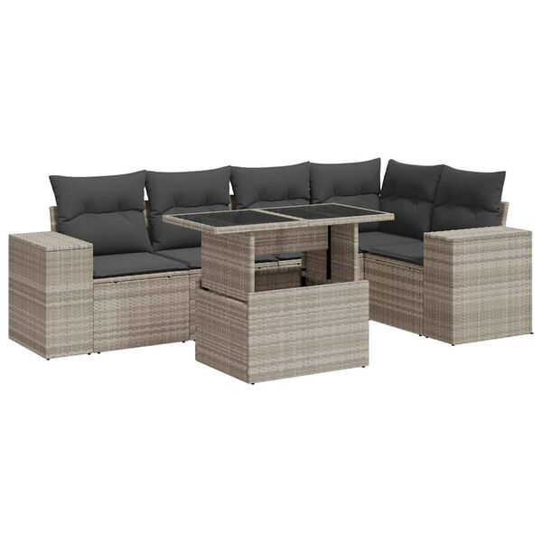 vidaXL 6-delige Loungeset met kussens poly rattan lichtgrijs