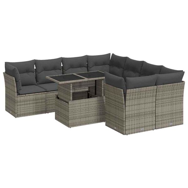 vidaXL 9-delige Loungeset met kussens poly rattan grijs