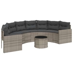 vidaXL Tuinbank met tafel en kussens halfrond poly rattan grijs
