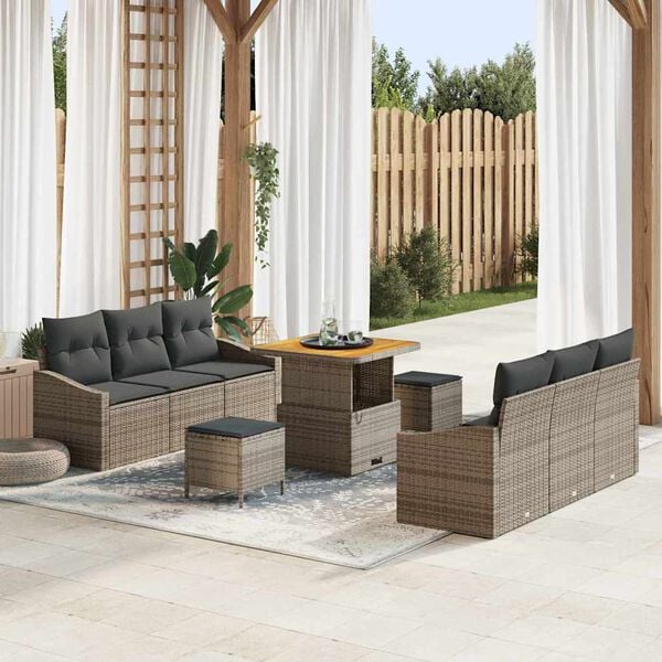vidaXL Tuin Sofa Set met kussen 9 pcs Grijs Poly riet