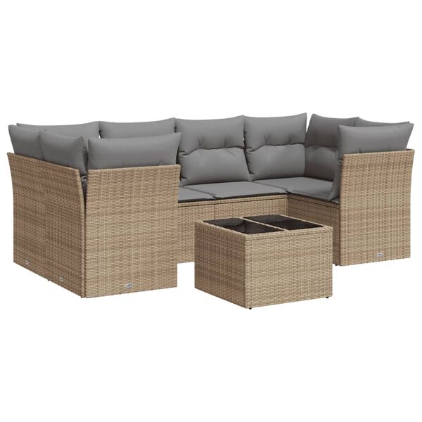 vidaXL 7-delige Loungeset met kussens poly rattan beige