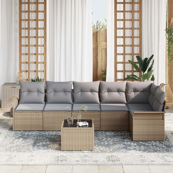 vidaXL Tuin Sofa Set met kussen met opslag 7 pcs Beige Poly riet