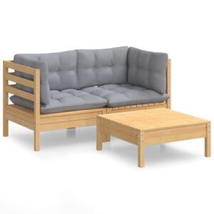vidaXL 3-delige Loungeset met grijze kussens grenenhout