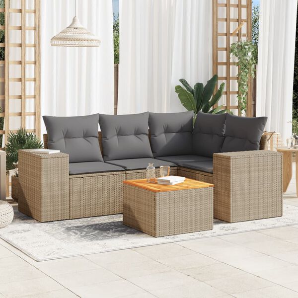 vidaXL 5-delige Loungeset met kussens poly rattan beige