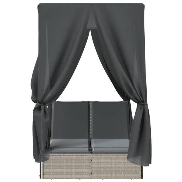 vidaXL Ligbed tweepersoons met dak en gordijn poly rattan lichtgrijs