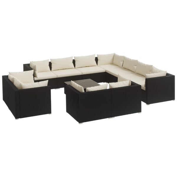 vidaXL 12-delige Loungeset met kussens poly rattan zwart