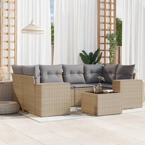 vidaXL 7-delige Loungeset met kussens poly rattan beige