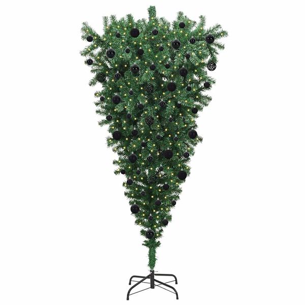 vidaXL Ondersteboven Kunstkerstboom met Ballenset Groen 210 cm PVC