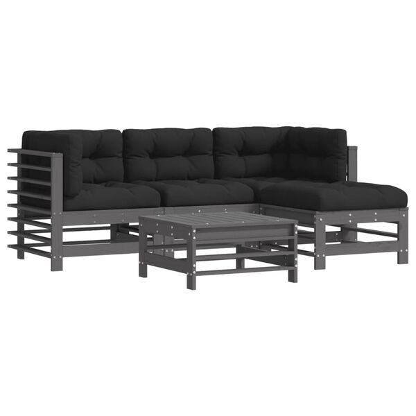 vidaXL 5-delige Loungeset met kussens massief hout grijs