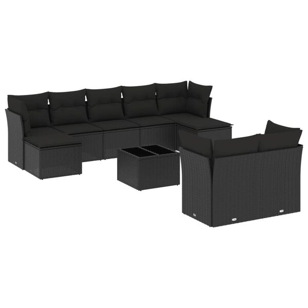 vidaXL 10-delige Loungeset met kussens poly rattan zwart