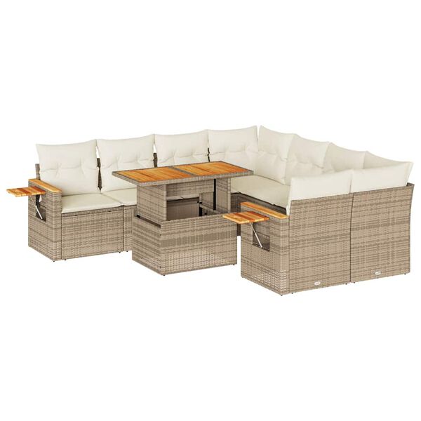vidaXL 9-delige Loungeset met kussens poly rattan acacia beige