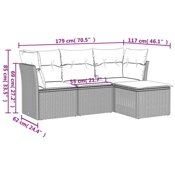 vidaXL 4-delige Loungeset met kussens poly rattan grijs