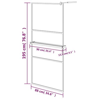 vidaXL Inloopdouchewand met schap 90x195 cm ESG-glas aluminium zwart