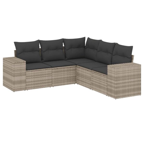 vidaXL 5-delige Loungeset met kussens poly rattan lichtgrijs