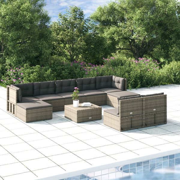 vidaXL 9-delige Loungeset met kussens poly rattan grijs