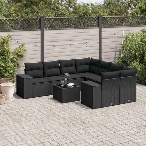 vidaXL 9-delige Loungeset met kussens poly rattan zwart