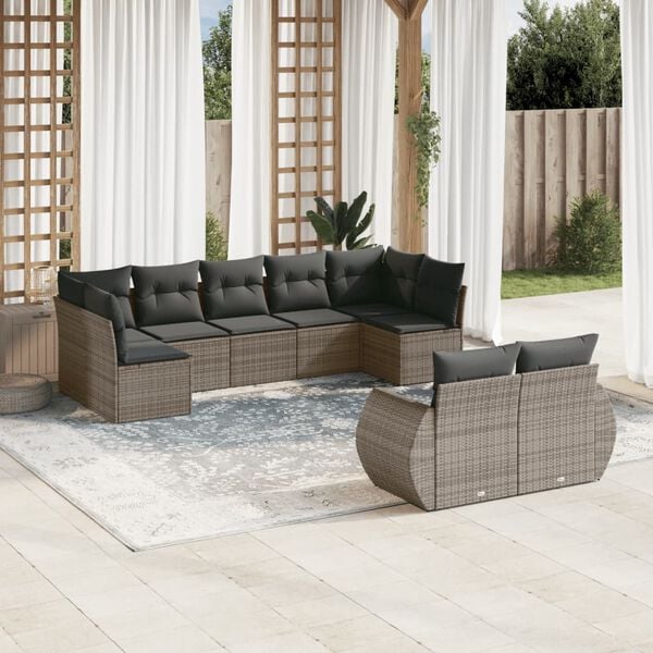 vidaXL 9-delige Loungeset met kussens poly rattan grijs