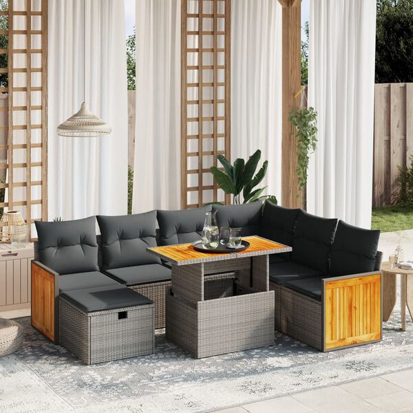 vidaXL 8-delige Loungeset met kussens poly rattan grijs