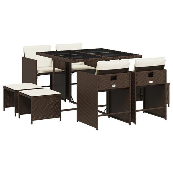 vidaXL 9-delige Tuinset met kussens poly rattan bruin