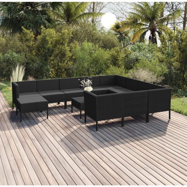 vidaXL 12-delige Loungeset met kussens poly rattan zwart
