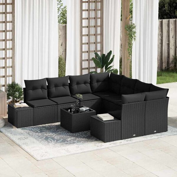 vidaXL Tuin Sofa Set met kussen met opslag 9 pcs Zwart poly rattan