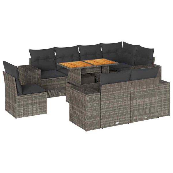 vidaXL 9-delige Loungeset met kussens poly rattan grijs