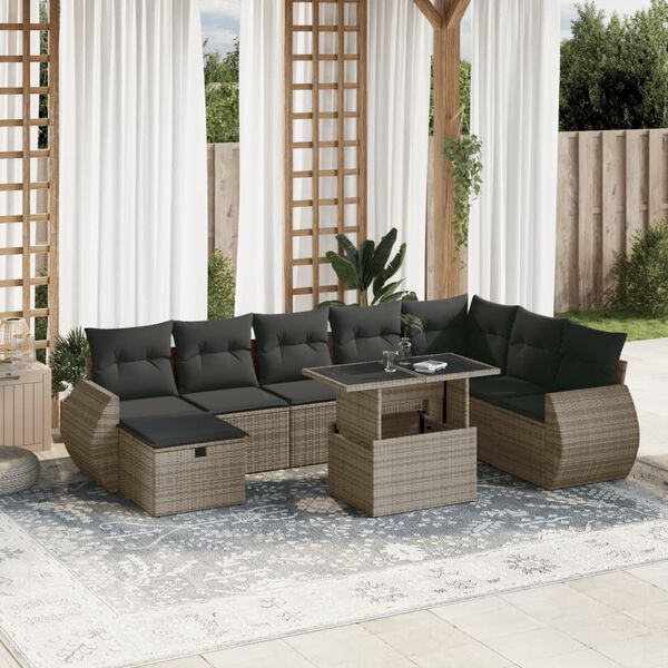 vidaXL 9-delige Loungeset met kussens poly rattan grijs