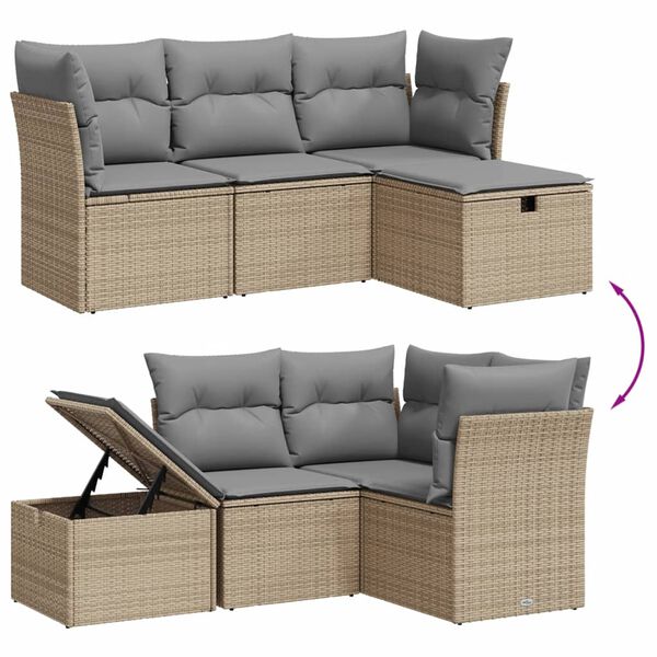 vidaXL 4-delige Loungeset met kussens poly rattan gemengd beige
