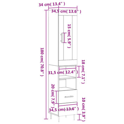 vidaXL Hoge kast 34,5x34x180 cm bewerkt hout zwart