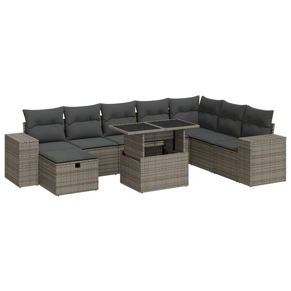 vidaXL 9-delige Loungeset met kussens poly rattan grijs