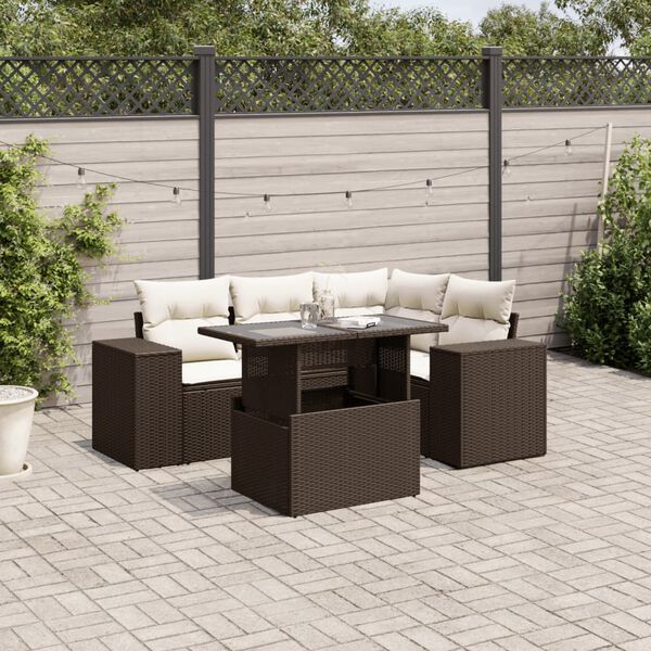 vidaXL 5-delige Loungeset met kussens poly rattan bruin
