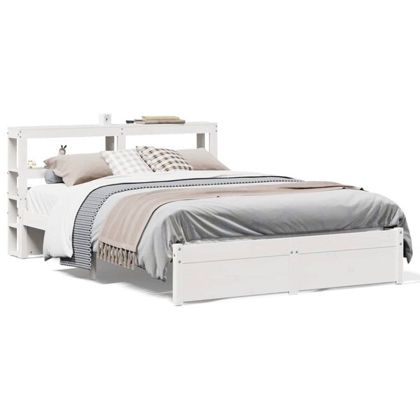 vidaXL Bedframe met hoofdbord massief grenenhout wit 135x190 cm