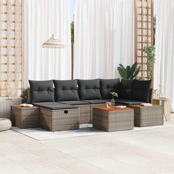 vidaXL Tuin Sofa Set met kussen met opslag 7 pcs Grijs poly rattan