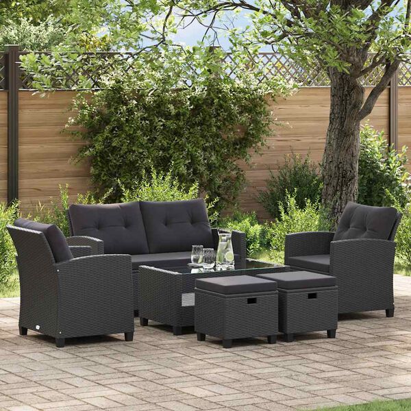 vidaXL 6-delige Loungeset met kussens poly rattan zwart