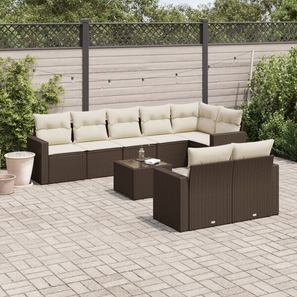 vidaXL 9-delige Loungeset met kussens poly rattan bruin