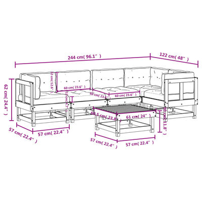 vidaXL 6-delige Loungeset met kussens massief hout wit