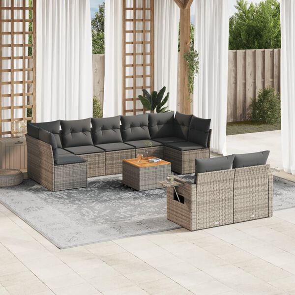 vidaXL 10-delige Loungeset met kussens poly rattan grijs