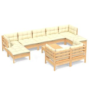 vidaXL 10-delige Loungeset met cr&egrave;mekleurige kussens massief grenenhout