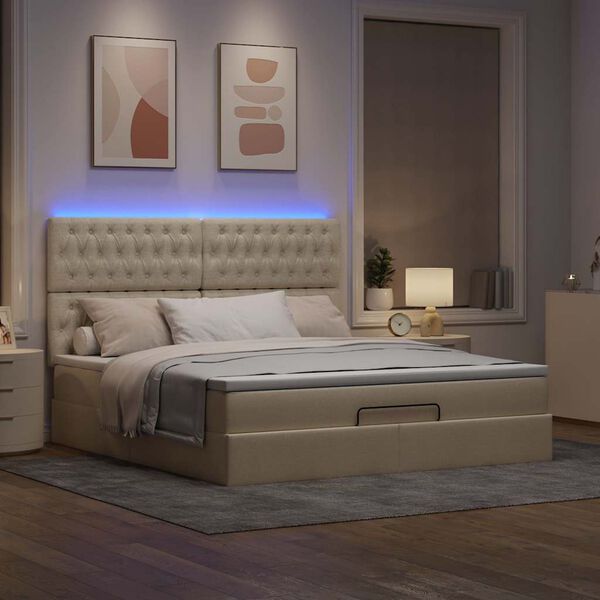 vidaXL Ottoman bed met matras en LED's 160x200cm stof cr&egrave;mekleurig