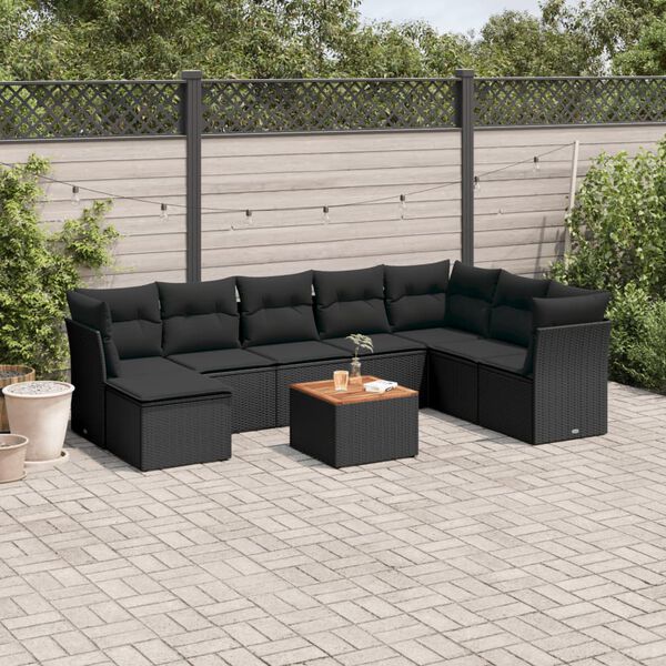 vidaXL 9-delige Loungeset met kussens poly rattan zwart