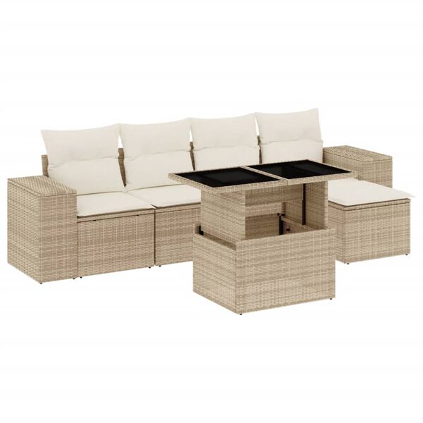 vidaXL 6-delige Loungeset met kussens poly rattan beige