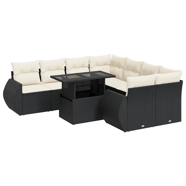 vidaXL 9-delige Loungeset met kussens poly rattan zwart