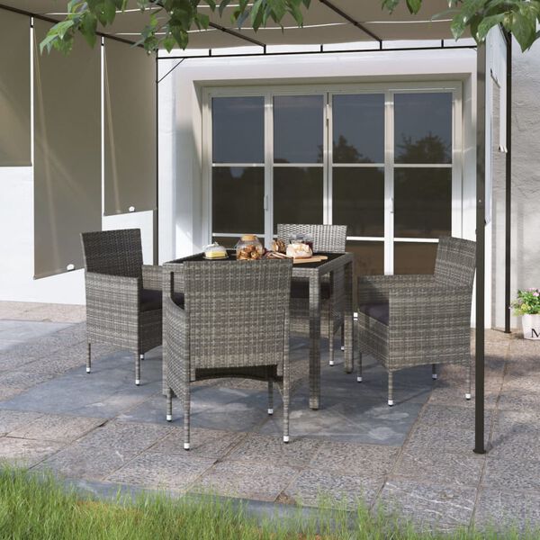 vidaXL 5-delige Tuinset poly rattan en gehard glas grijs