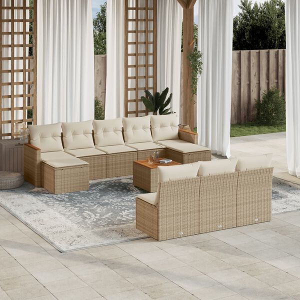 vidaXL 11-delige Tuinset met kussens poly rattan beige