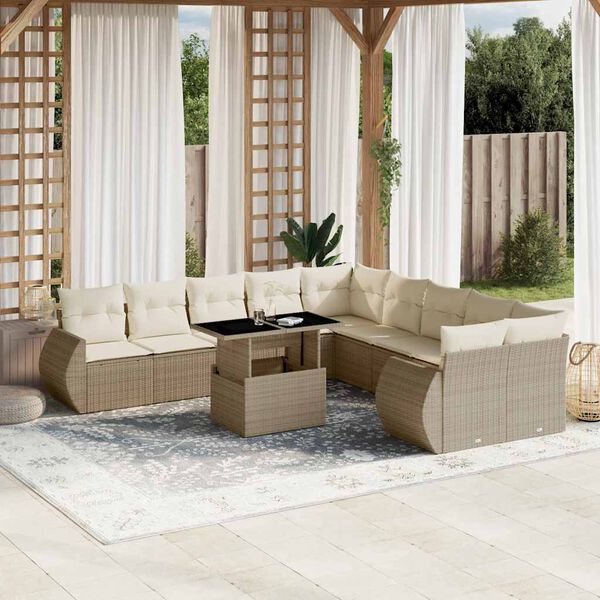 vidaXL 11-delige Tuinset met kussens poly rattan beige