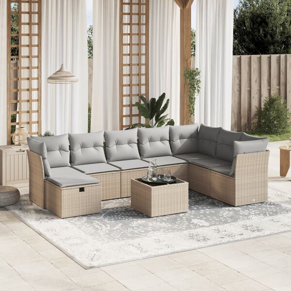 vidaXL 9-delige Loungeset met kussens poly rattan gemengd beige