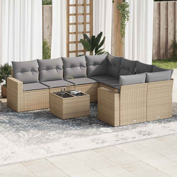 vidaXL 9-delige Loungeset met kussens poly rattan beige