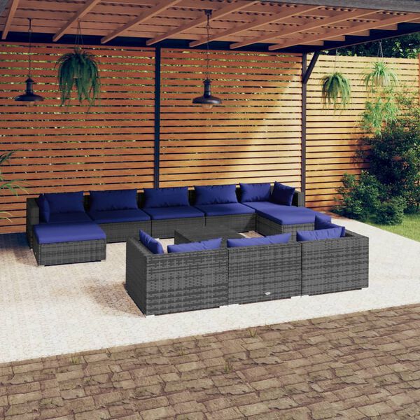 vidaXL 11-delige Loungeset met kussens poly rattan grijs